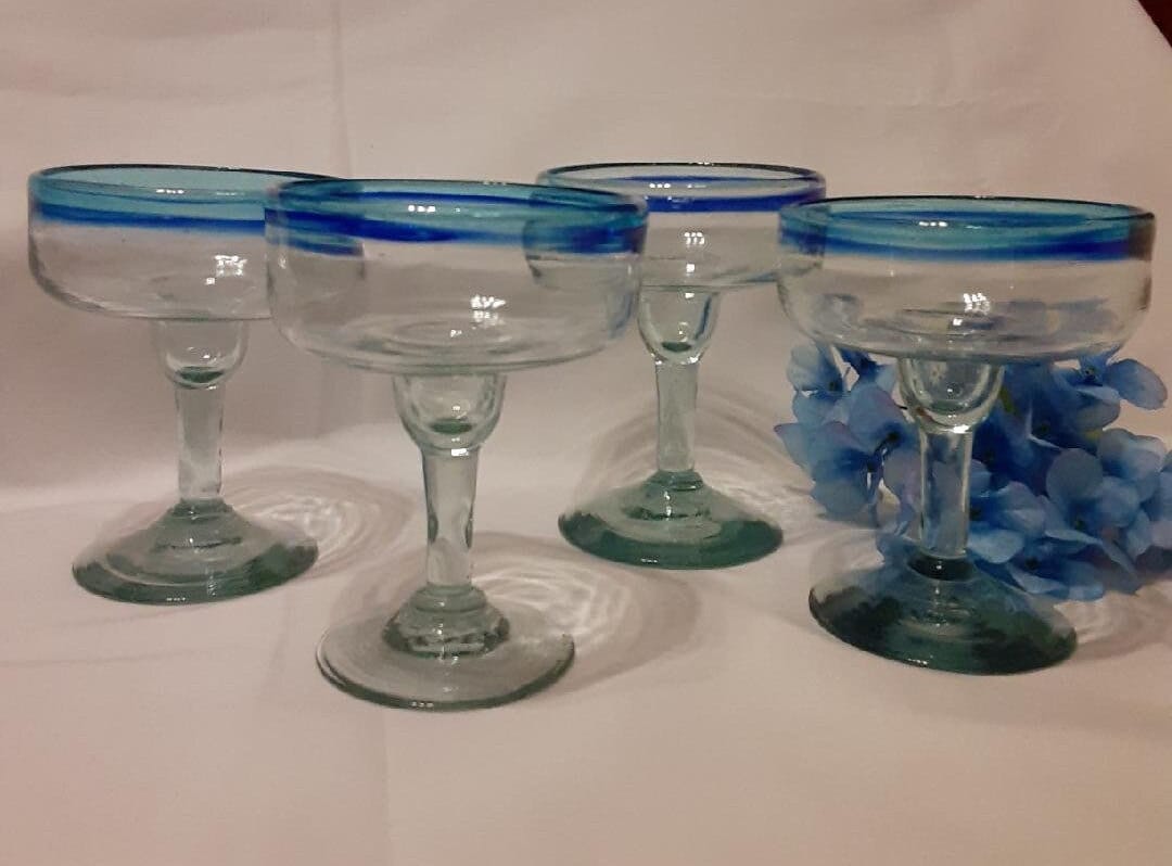 Hand Blown Blue Rimmed Margarita Glass Setmexican Margarita Glasses