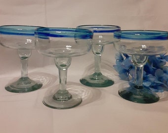 Hand Blown Blue Rimmed Margarita Glass Set-Mexican Margarita Glasses Turquoise and Blue Rimmed Set of 4-Retro Daiquiri Cocktail Glasses