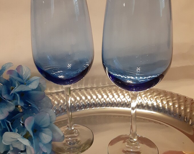 Vintage Large Clear Stemmed Cobalt Blue Wine Glassespair of Very Large