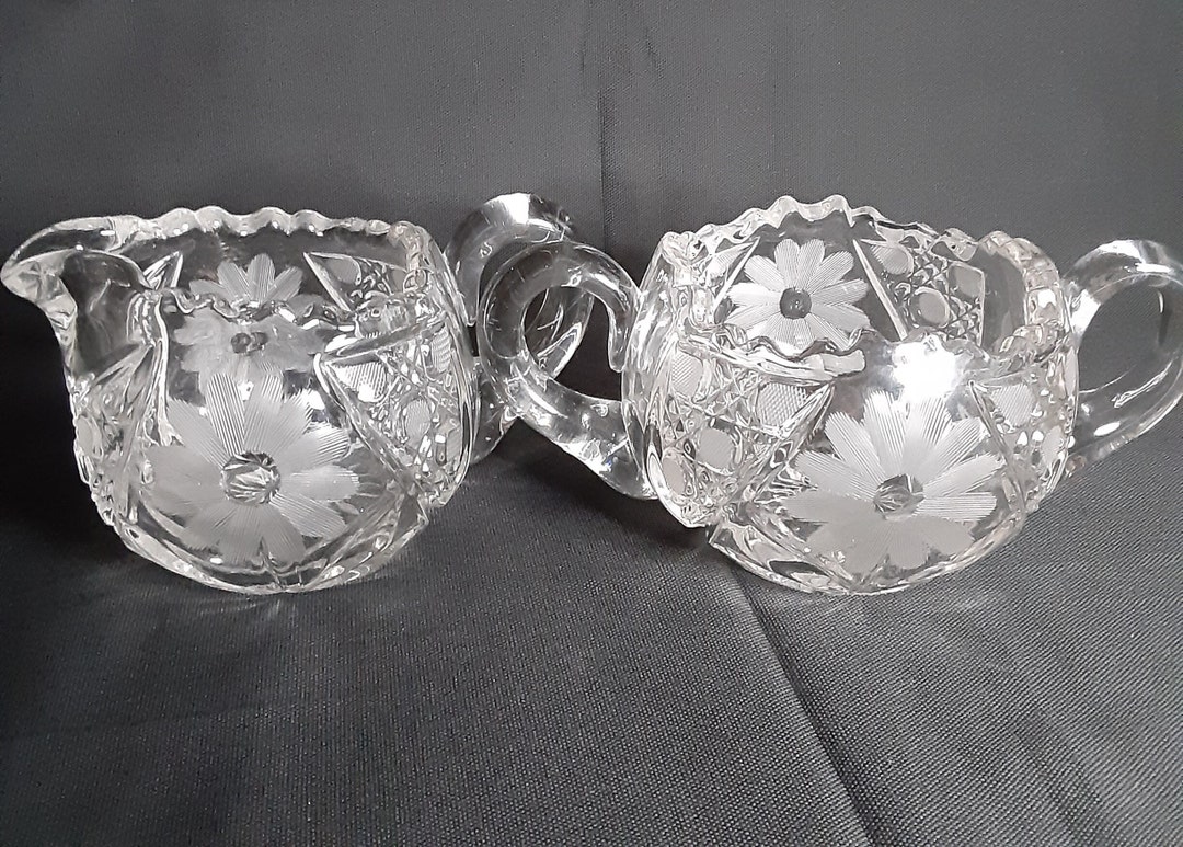 Vintage Cut Crystal Sugar and Creamer Setbrilliant Cut Glass Sawtooth