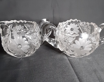 Vintage Cut Crystal Sugar and Creamer Set-Brilliant Cut Glass Sawtooth Rim Sugar & Creamer Set-Floral Design Crystal Cream and Sugar Bowl
