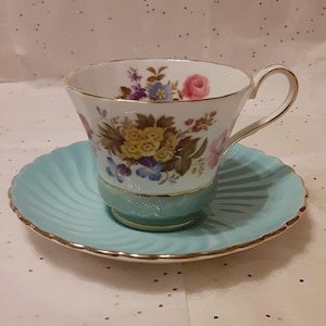 Aynsley Turquoise Floral Tea Cup and Matching Saucer, RARE Aynsley England Bone China Teacup and Saucer, Vintage Tea Party Bridal Shower