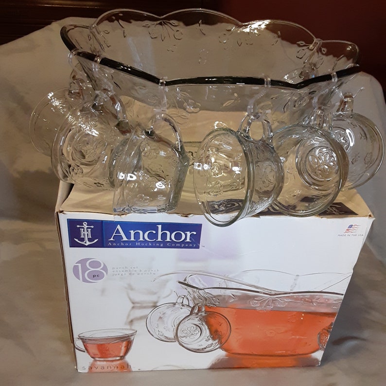 Anchor Hocking Savannah Punch Bowl Setsavannah Clear Pattern Etsy