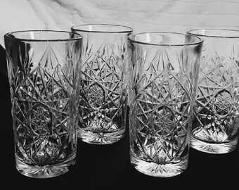 Libbey Clear Pressed Glass Tumblers Hobstar Design-Libbey Hobstar Highball Glasses Set of 4-Vintage Clear Glass Water Iced Tea Tumbler Set