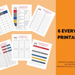 May include: Six printable everyday planners, including a meal planner, cleaning checklist, shopping list, budget tracker, weekly to-do list, and gratitude journal. The pages are white with red and blue accents and feature a tractor graphic. Text on the right says "6 Everyday Printables."