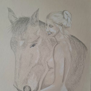 Pencil drawing "Nora is waiting" black and white on beige paper 35 x 50 cm