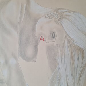 Bleistiftzeichnung "Cowgirl", schwarz, weiß, rot auf beige Papier 50X70cm