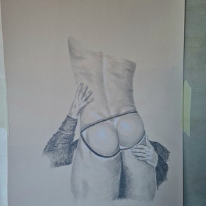 Pencil drawing "Charlie's Apples", black, white on beige paper 35 x 50 cm