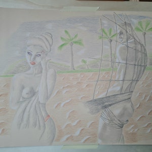 Pencil drawing "Encounter on the beach", beige paper, 50 x 70 cm
