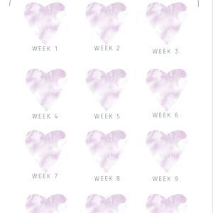 May include: A printable weight loss tracker with 12 watercolour hearts, each representing a week. The hearts are a light purple colour with a white background.