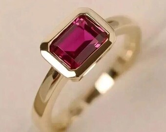 Anillo de rubí cultivado en laboratorio con corte esmeralda, precioso anillo de plata de ley 925, anillo de bodas, regalo de aniversario para ella y para él, anillo de compromiso.