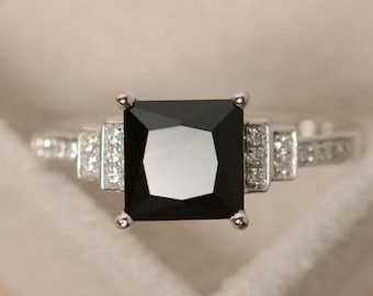 Black Moissanite Diamond 925 Sterling Silver Princess Cut Ring, Gorgeous Moissanite Diamond Wedding Jewelry, Anniversary Gift For Her & Him