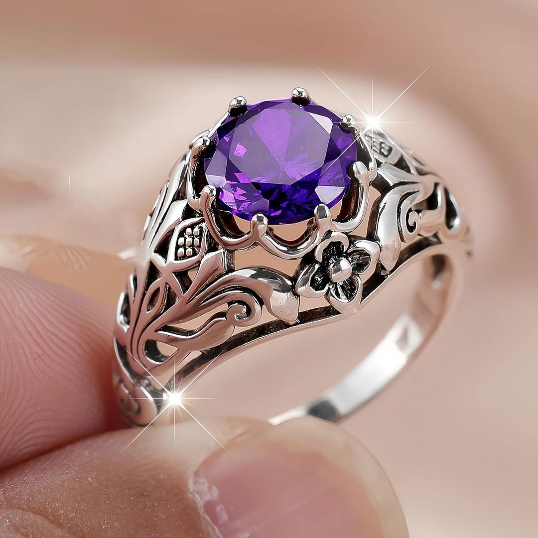 Elegant Floral Openwork Design Ring: Amethyst 925 Sterling Silver Round ...