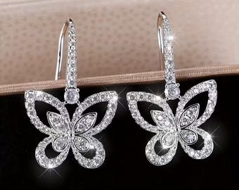 Super Sparkling Butterfly Earrings: 925 Sterling Silver, Moissanite Diamond, Unique Hooked Design