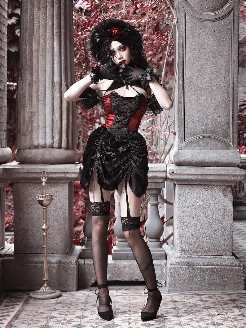 Gothic Vampire Costume Red and Black Dress with Dramatic Collar main image 1