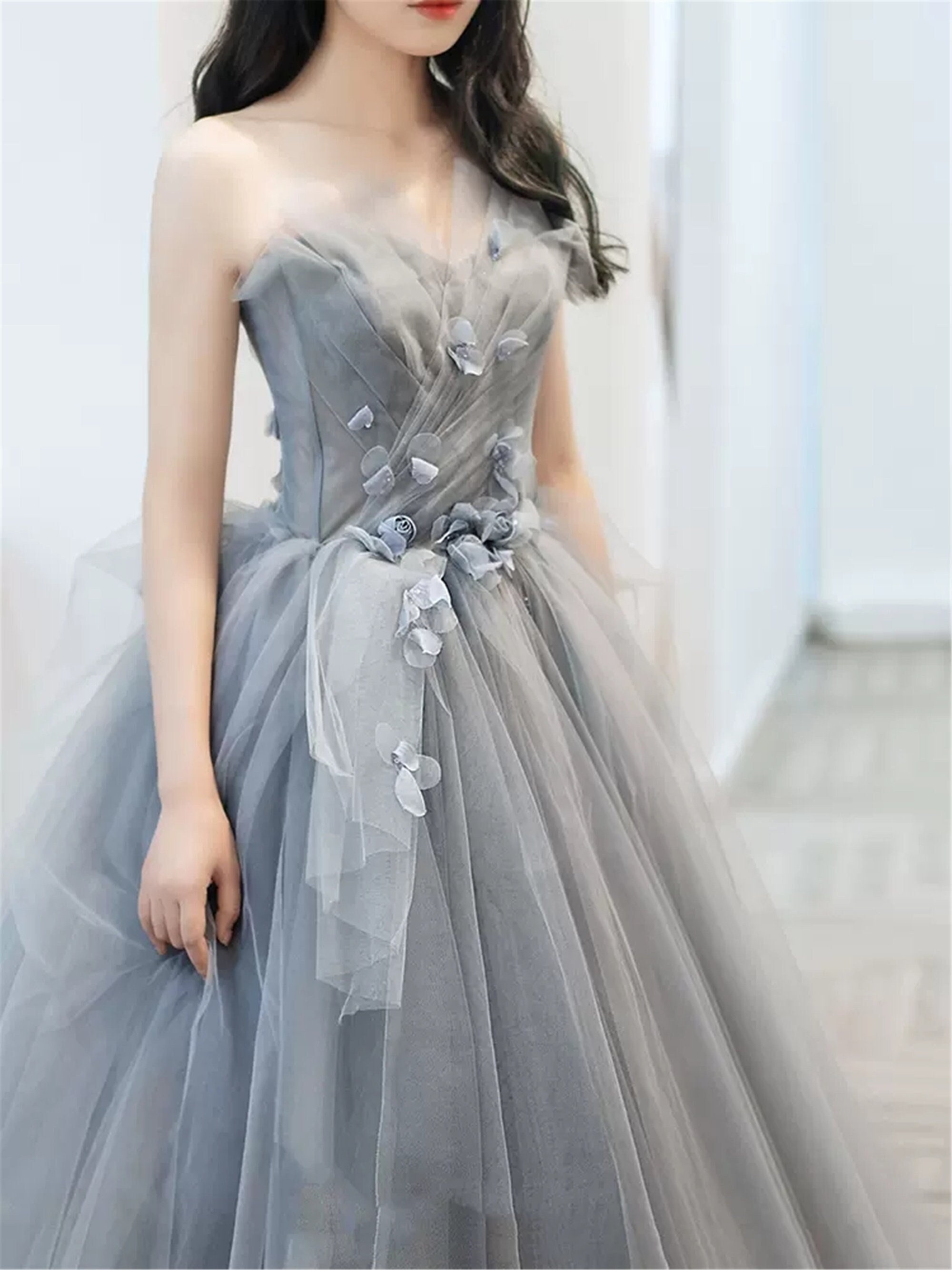 Grayblue Dress Prom Dressaline Princess Dressflowered Etsy