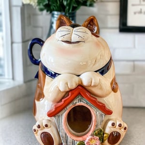Vintage Cat Sitting on a Bird House Ceramic Cookie Jar with Clear Window