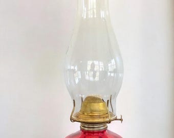 Vintage Ruby Red Kerosene Oil Lamp Clear Chimney