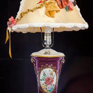 Vintage Victorian Hand Painted Rose Floral Table Lamp and Shade