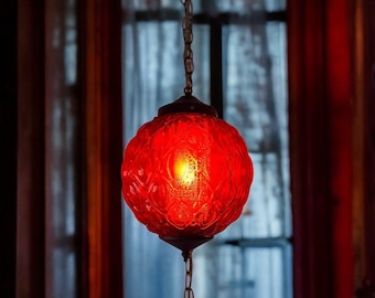 Vintage Swag Lamp Red Glass Globe Mid Century Ceiling Chain - Etsy