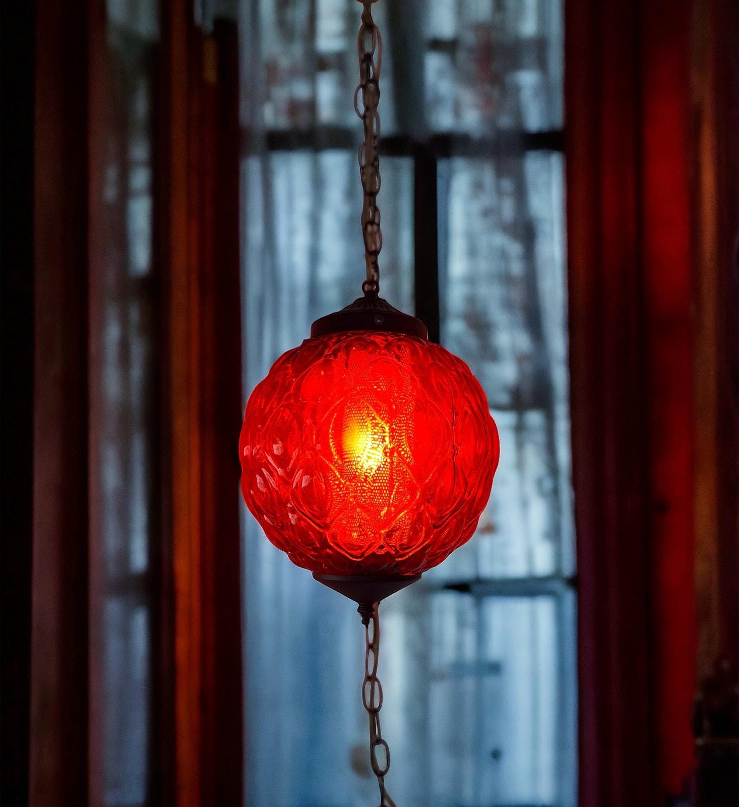 Vintage Swag Lamp Red Glass Globe Mid Century Ceiling Chain