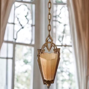 Antique Art Deco Art Nouveau Hanging Markel Pendant with Peach Shade