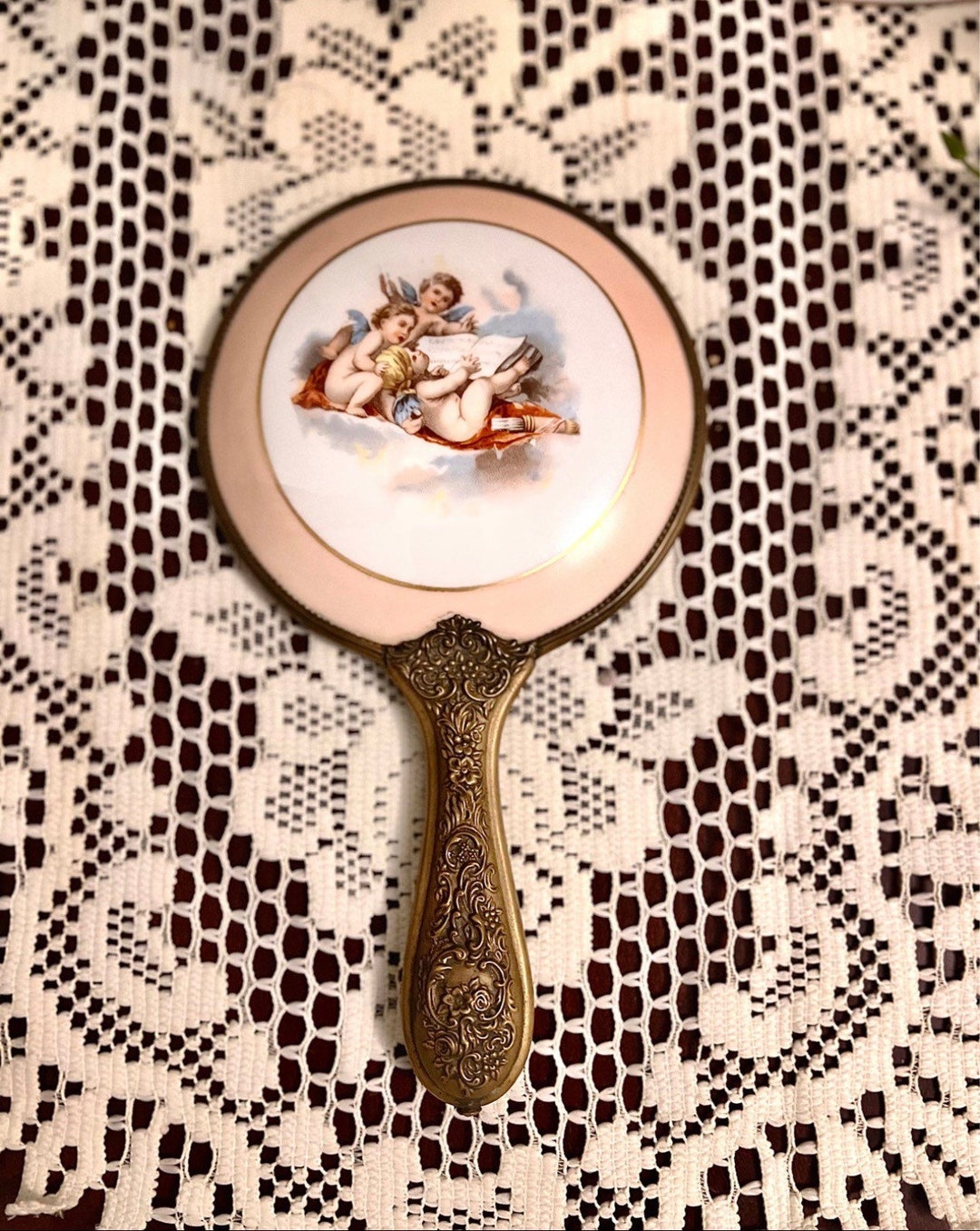 Antique Art Nouveau Hand Mirror, Antique Hand Mirror, Cherub Hand