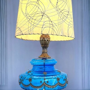 Mid-century Cobalt Blue Glass Lamp With Fiberglass Shade