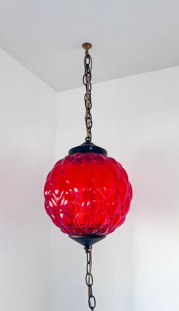 Vintage Swag Lamp Red Glass Globe Mid Century Ceiling Chain - Etsy