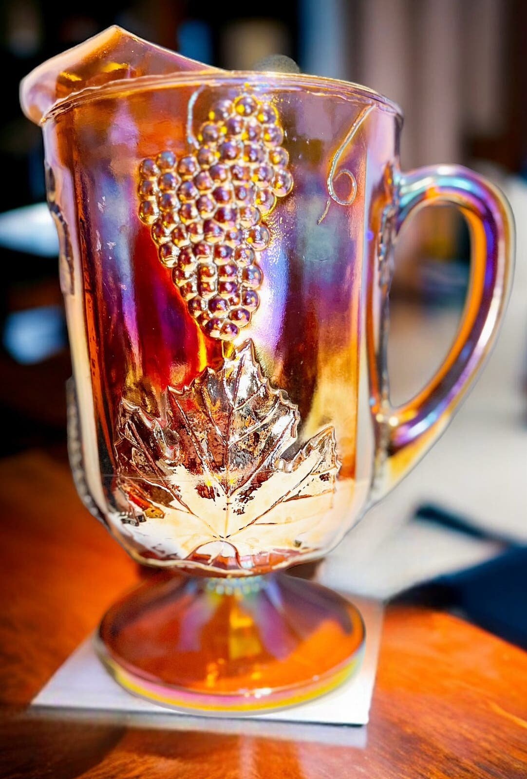 Vintage Carnival Glass Pitcher Harvest Grape Pattern Iridescent