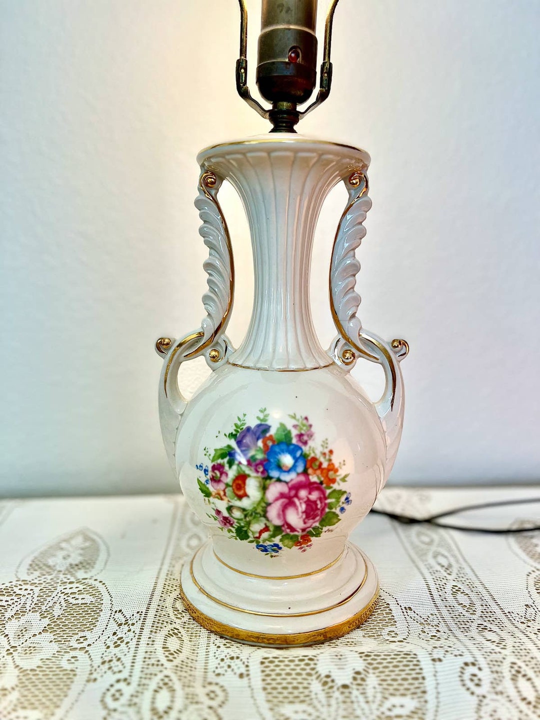 Victorian Hand Painted Porcelain Flower Lamp Etsy