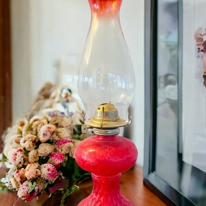 Vintage Red Painted Pressed Glass Oil Lamp Lantern with Hurricane Lamp Shade