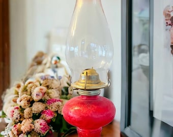 Vintage Red Painted Pressed Glass Oil Lamp Lantern with Hurricane Lamp Shade