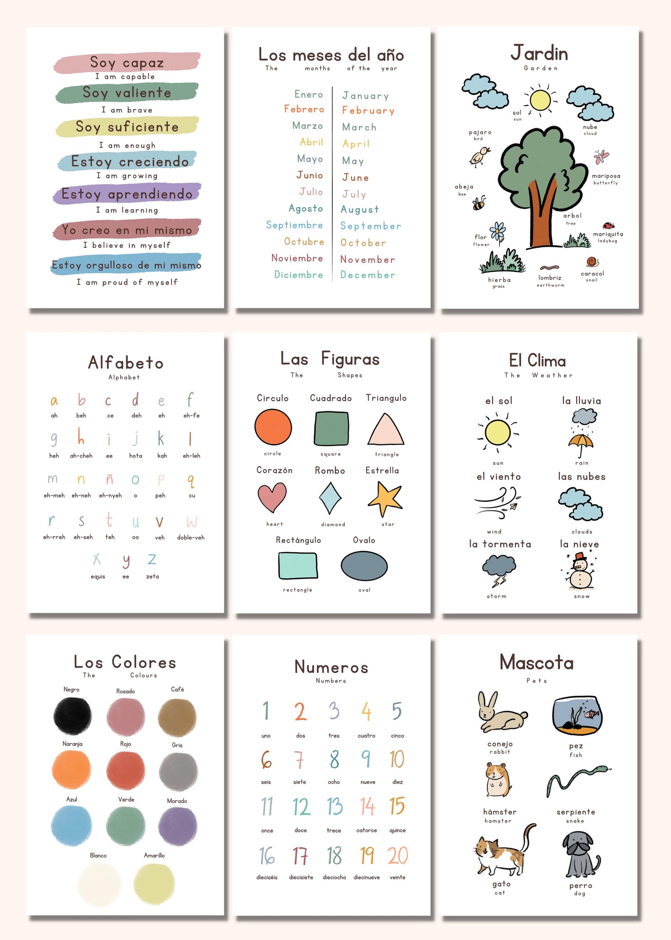 English Spanish Educational Poster Set, Bilingual Learning (digital ...
