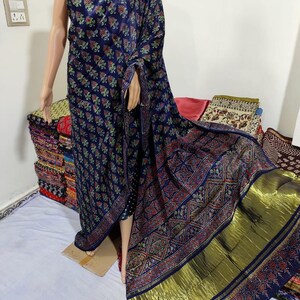 Modaal silk handblock ajrakh print saree with lagdi patta pallu