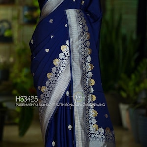 Pure mashru Banarasi silk saree with intricate gold and silver zari weaving