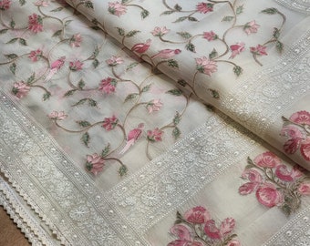 Pure Organza Silk Embroidery Katha Chikankari Border with Velvet lace