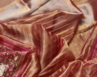 Pure Organza Tissue Silk Banarasi Stripe Pichwai Embroidery on Katan Silk Satin Border Saree