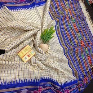 Pure raw silk body cheks both side temple ikkat (pochampalli) border and ikkat pallu saree with contrast blouse