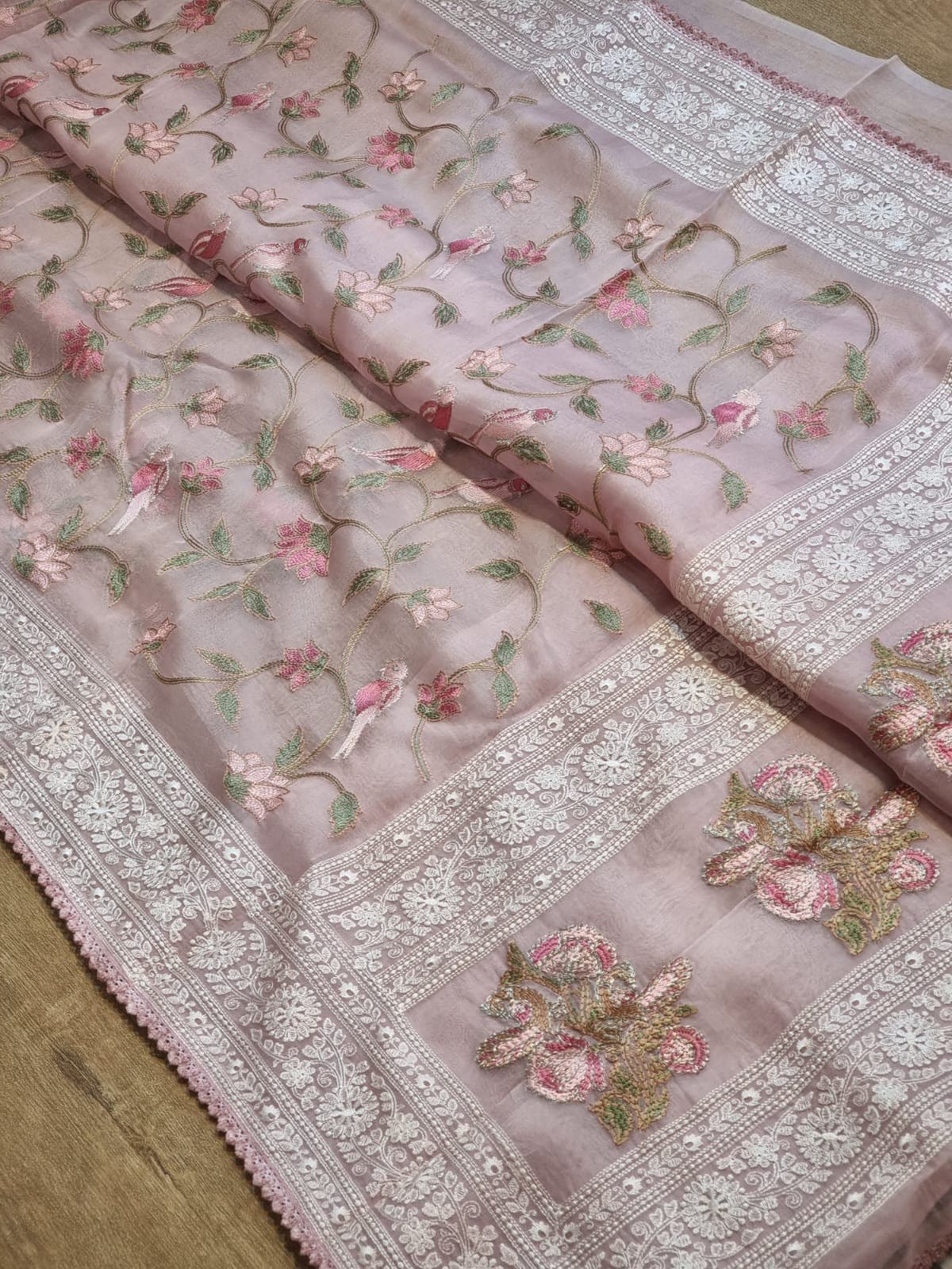 Pure Organza Silk Embroidery Katha Chikankari Border With Velvet Lace ...