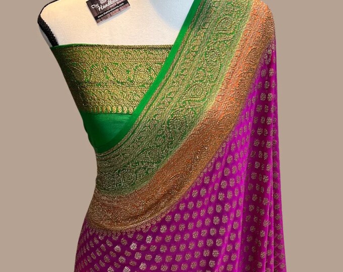Pink Khaddi Georgette Saree with Golden Zari Weaving with Embroidered Border