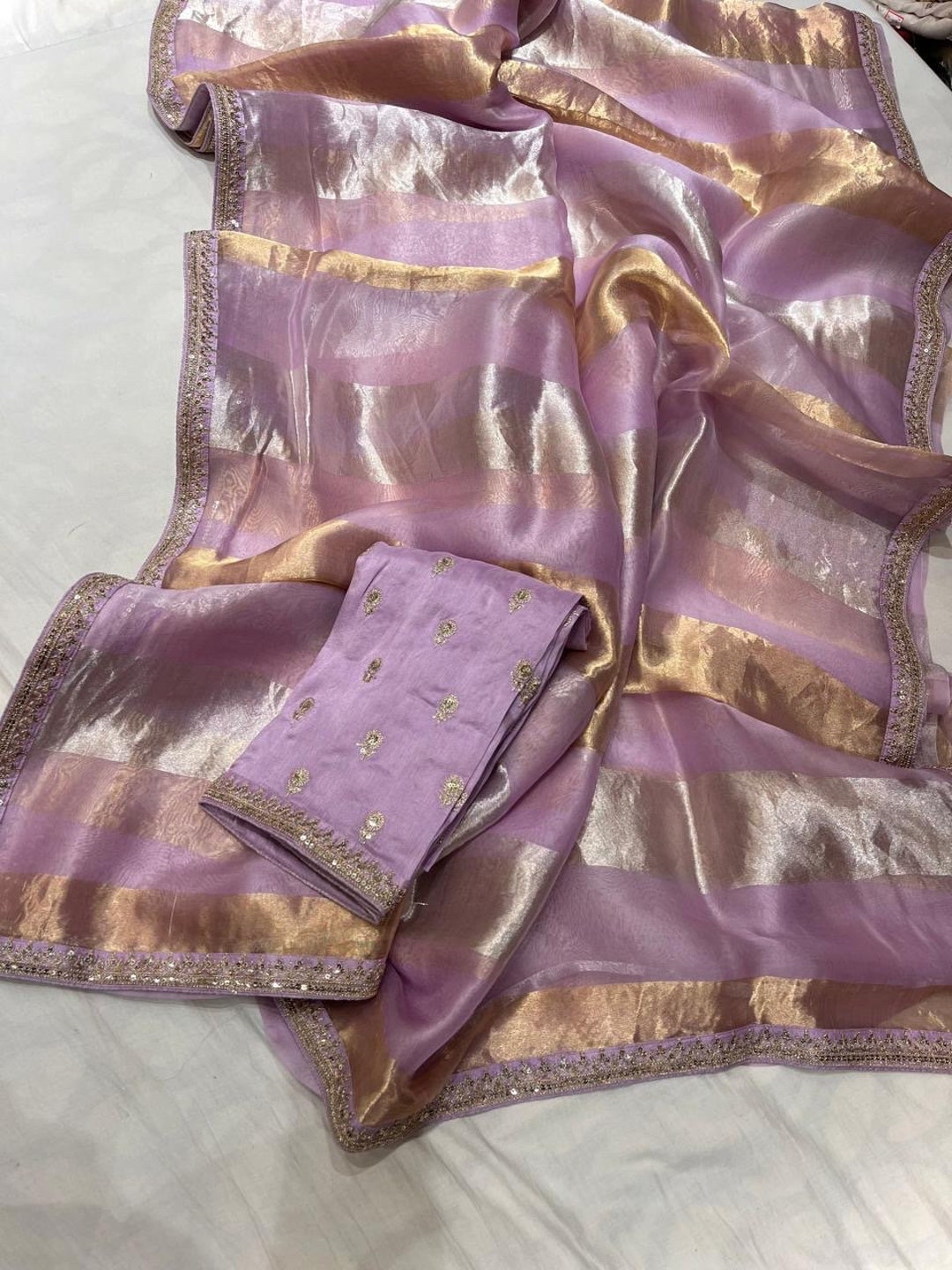 Pink Gold Soft Organza Saree with Zari Embroidery and Blouse Fabric