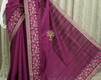 Beautiful Tussar silk saree with embroidery and croket lace.