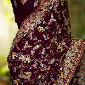 Beautiful georgette saree with parsi embroidery with multicolour threadworm allover