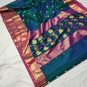 Beige and Red Handloom Chanderi Silk Saree with Floral Print main image 0