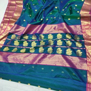 Beige and Red Handloom Chanderi Silk Saree with Floral Print main image 1