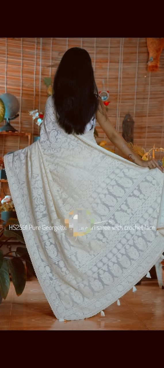 Pure Georgette chikankari saree with lace border