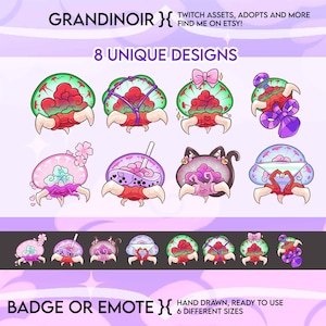 Könnte beinhalten: Acht einzigartige Designs für Twitch-Badges oder Emojis mit einer Cartoon-Kreatur in Pink, Grün und Lila. Der Text "GRANDINOIR" und "8 UNIQUE DESIGNS" ist auf dem Bild zu sehen. Der Text "BADGE OR EMOTE" und "HAND DRAWN, READY TO USE 6 DIFFERENT SIZES" ist ebenfalls auf dem Bild zu sehen.