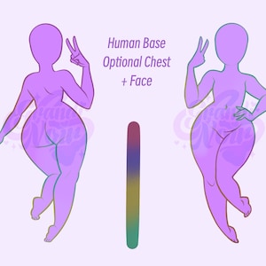May include: Two stylized purple human base figures with optional chest and face, one with arm extended and peace sign, the other with hand on hip. A vertical gradient bar and text are also present.