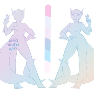 May include: Line art illustration of a female character with a shark tail. The character is in a peace sign pose. The illustration is in a pastel colour palette with pink, blue, and yellow hues. The text "ANIKI DIGITAL ARTS" is visible in the image.
